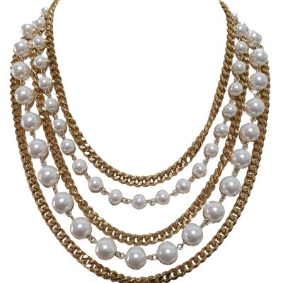 Collar de oro con cinco hilos de perlas y cadena de oro.