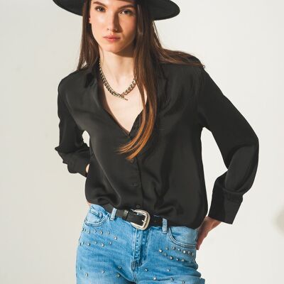 Satin shirt with v neck in black