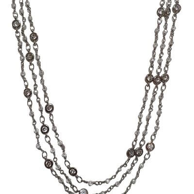 Rh plated three-strand necklace with rhinestones