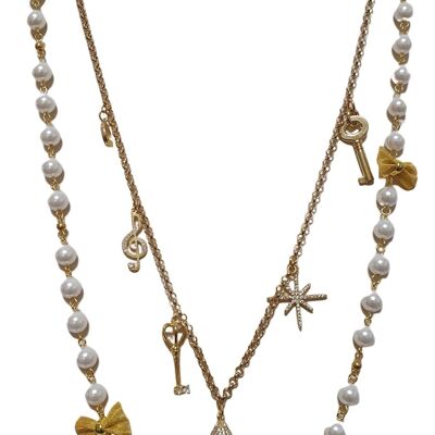 Two-strand pearl necklace with gold chain