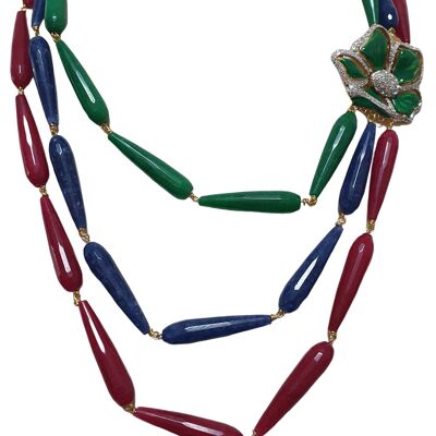 Collana tre fili incatenata multicolore con agate sfaccettate