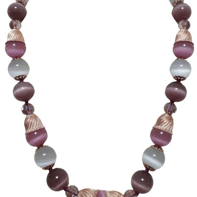 Hand-knotted pink agate and white opal necklace