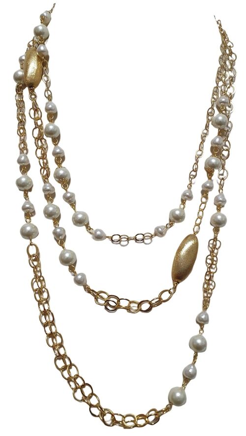 Collana tre fili catena oro con perle