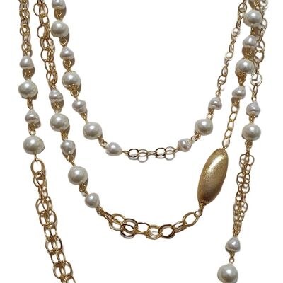 Three strand gold chain necklace with pearls