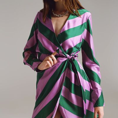 Satin Wrap Dress in Lilac and Green Striped Print