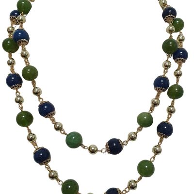 Two-strand necklace with round colored agates and gold beads