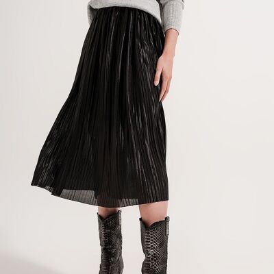 Shiny black pleated midi skirt