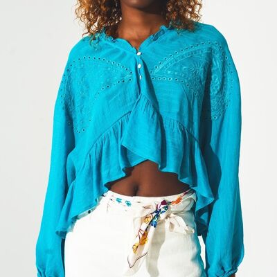 Shirred crop top with embroidery in blue