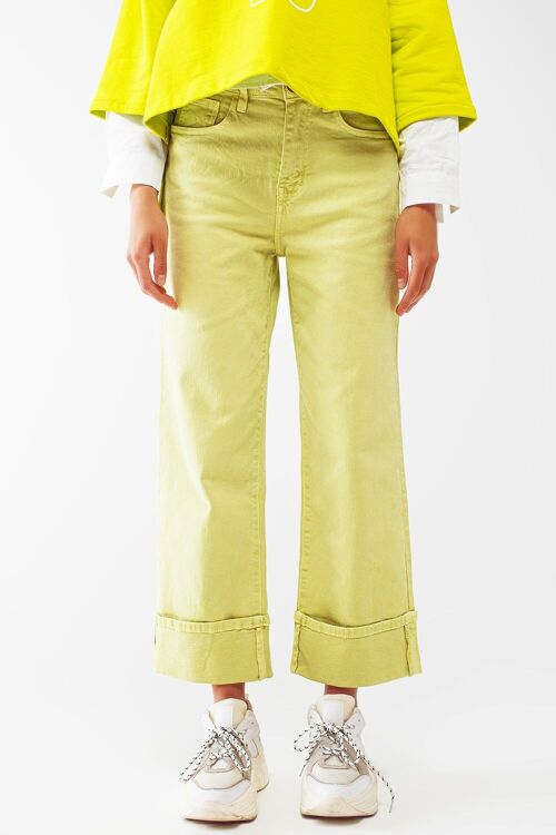 Straight Leg Jeans with Cropped Hem in Lime Green