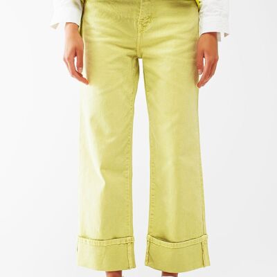 Straight Leg Jeans with Cropped Hem in Lime Green