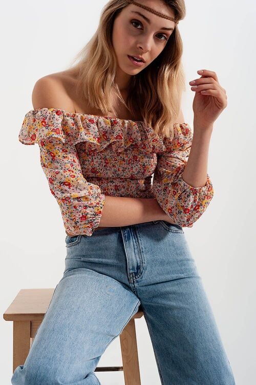 Shirred off the shoulder top with ruffle in coral floral print