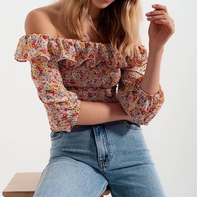 Shirred off the shoulder top with ruffle in coral floral print
