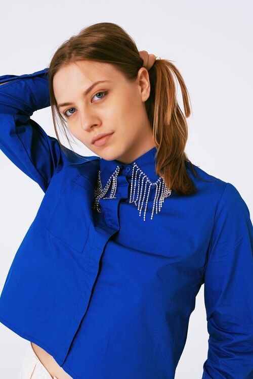 Shirt With Fringe strass Collar in blue