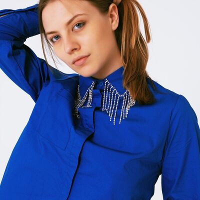 Chemise avec col à franges et strass en bleu