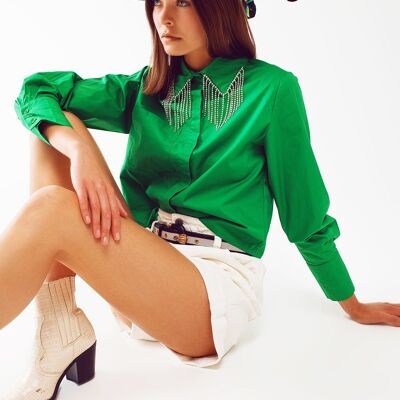 Shirt With Fringe strass Collar in Green
