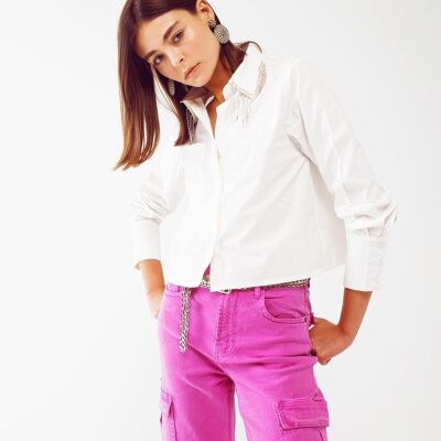 Camisa Con Cuello De Strass De Flecos En Blanco