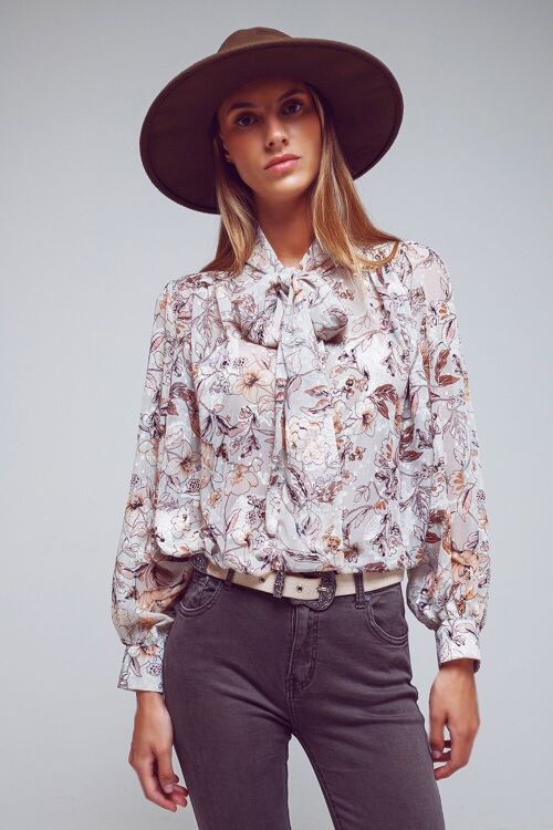 Shirt With Tie Neck And Long Sleeves In Cream Flower Print