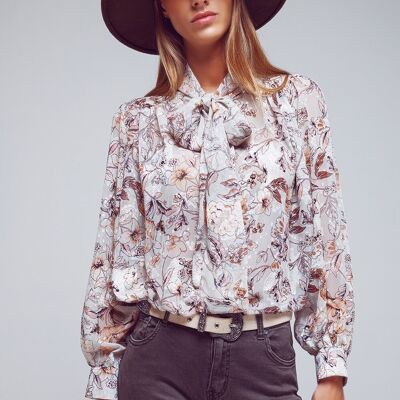 Shirt With Tie Neck And Long Sleeves In Cream Flower Print