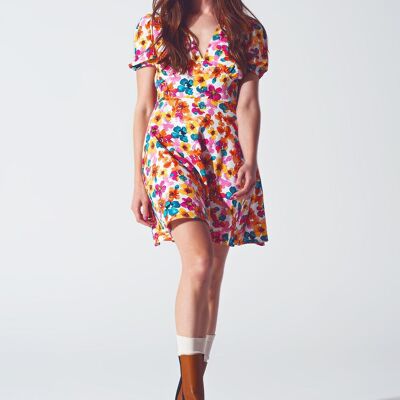 Vestido corto con cintura ceñida en estampado floral multicolor