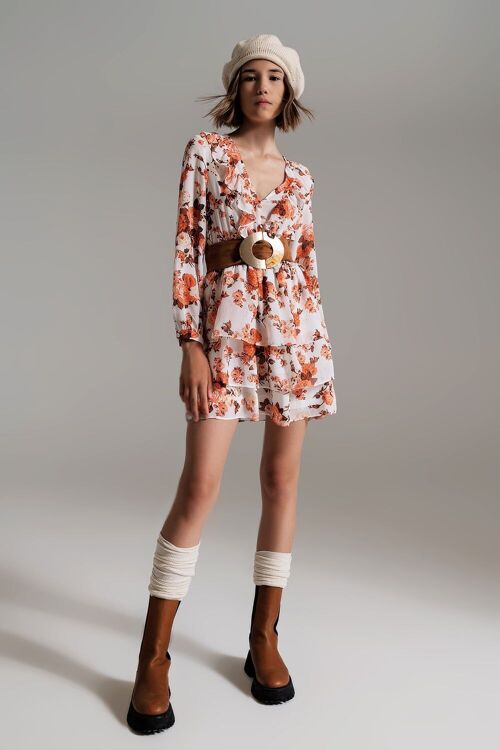 Short Dress With Ruffle Neck And Cinched In Waist in Autumn Floral Print