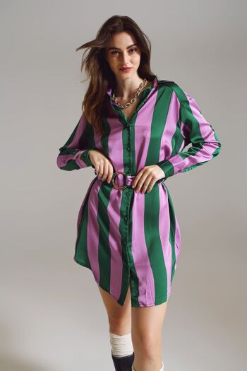Robe chemise courte à rayures lilas et vertes 1