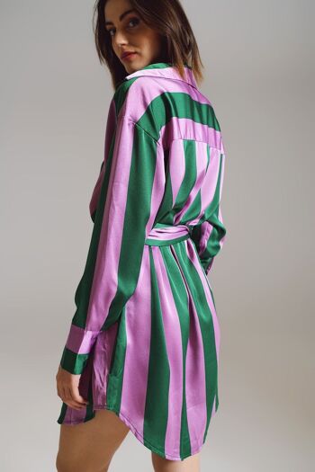 Robe chemise courte à rayures lilas et vertes 2