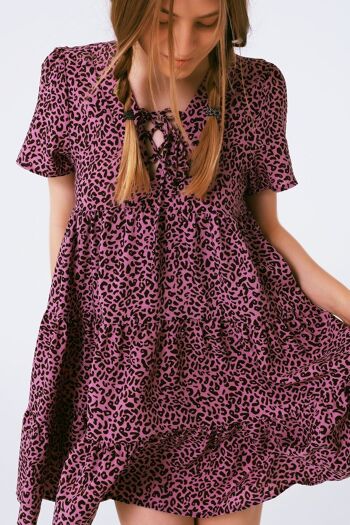 Robe baby doll à manches courtes avec détail de cou en imprimé léopard violet 6