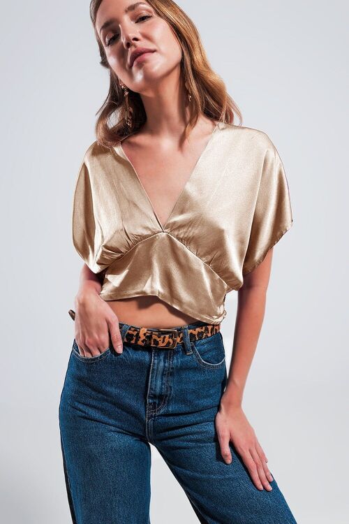 Short sleeve cropped satin top in beige