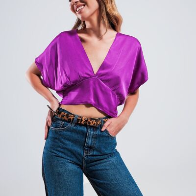 Short sleeve cropped satin top in fuchsia