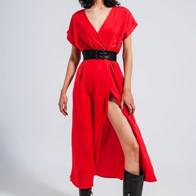 Vestido largo de satén de manga corta en rojo