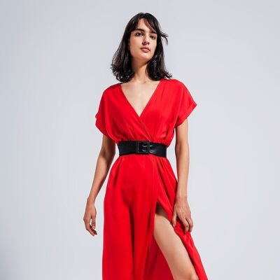 Short sleeve satin maxi dress in red