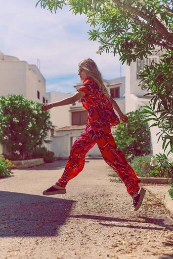 Chemise à manches courtes avec détails froncés à imprimé floral abstrait orange 2