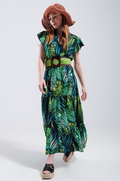 Short sleeve tiered midi dress in tropical print