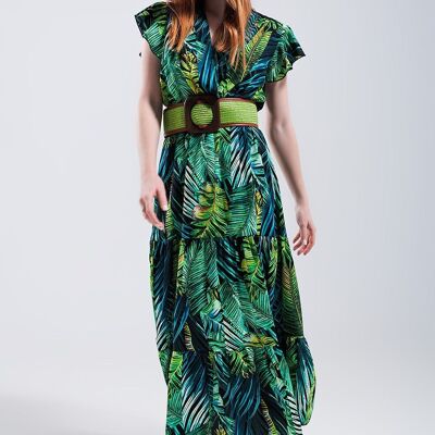 Robe midi à volants et manches courtes à imprimé tropical