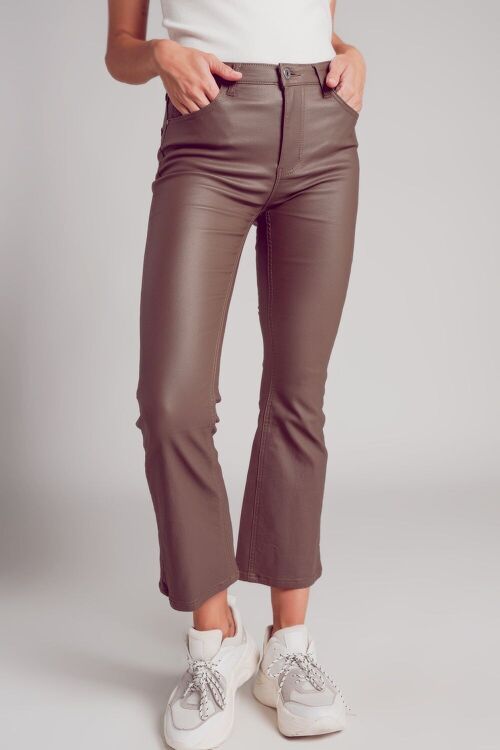 Stretch faux leather flare pants in beige