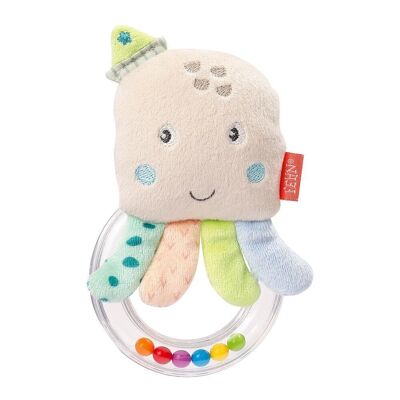 Octopus rattle ring – grasping toy with fabric animal & colorful pearl ring
