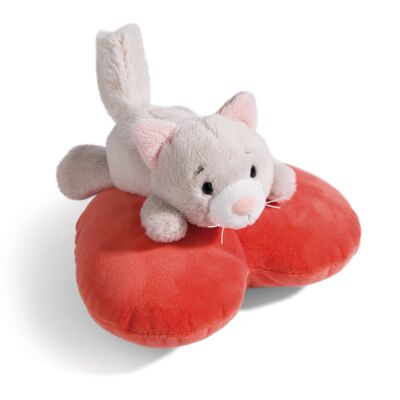 Peluche Love Cat soffice 13 cm sdraiato su un cuscino di peluche a forma di cuore