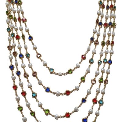 Collier en or à cinq rangs avec coeurs et perles