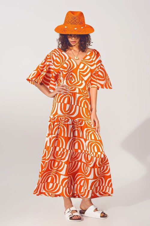 V neck Midi Dress with Print in Orange