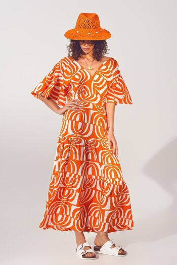 Robe mi-longue à col en V et imprimé en orange 1