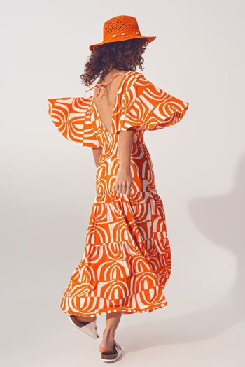 Robe mi-longue à col en V et imprimé en orange 2