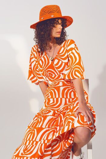Robe mi-longue à col en V et imprimé en orange 3