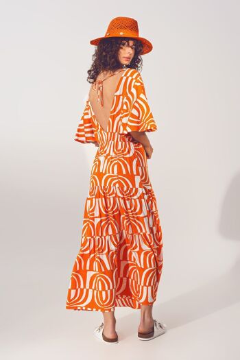 Robe mi-longue à col en V et imprimé en orange 4