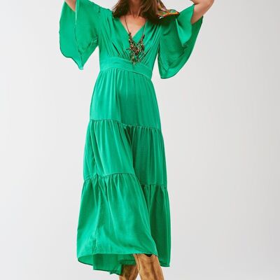 V Neck Maxi Smock Dress in Green