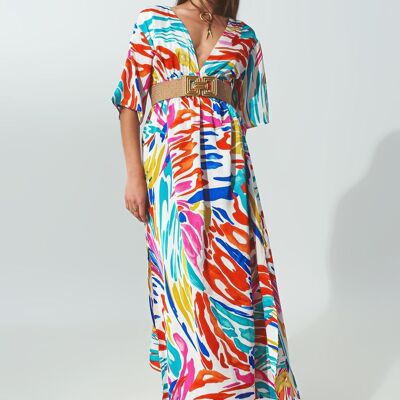 Robe longue à col en V et imprimé multicolore