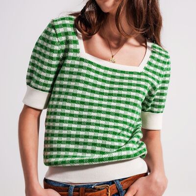 Square neck jumper in green and white
