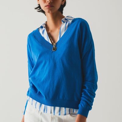 v neck fine knit sweater in blue
