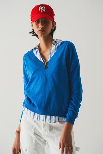 pull col v en maille fine bleu 1