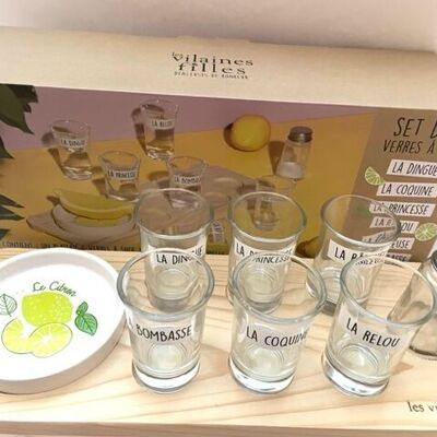 Box of 6 shot glasses with tray, salt shaker and cup