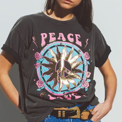 T-SHIRT avec devant Peace and Love en gris foncé